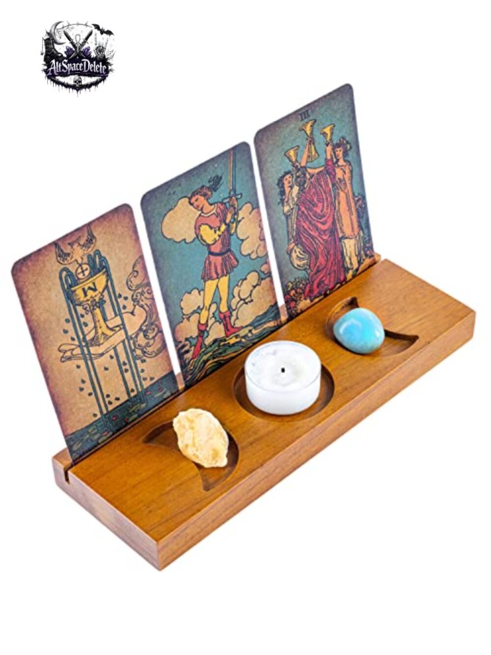 Tarot Card Holder Stand Walnut Wood 3-Card Display Triple Moon Slotted Stand